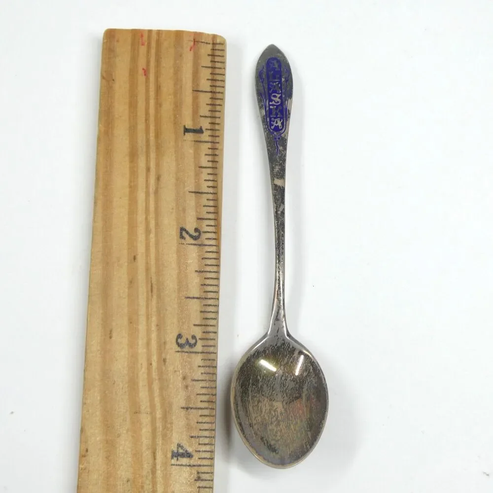 Alaska Sterling Silver Souvenir Spoon w/ Blue Enamel Art Deco Vintage